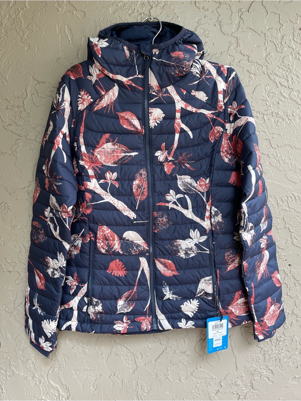 Columbia Navy Floral-Print Packable Puffer Jacket hooded Omni Heat size M NWT